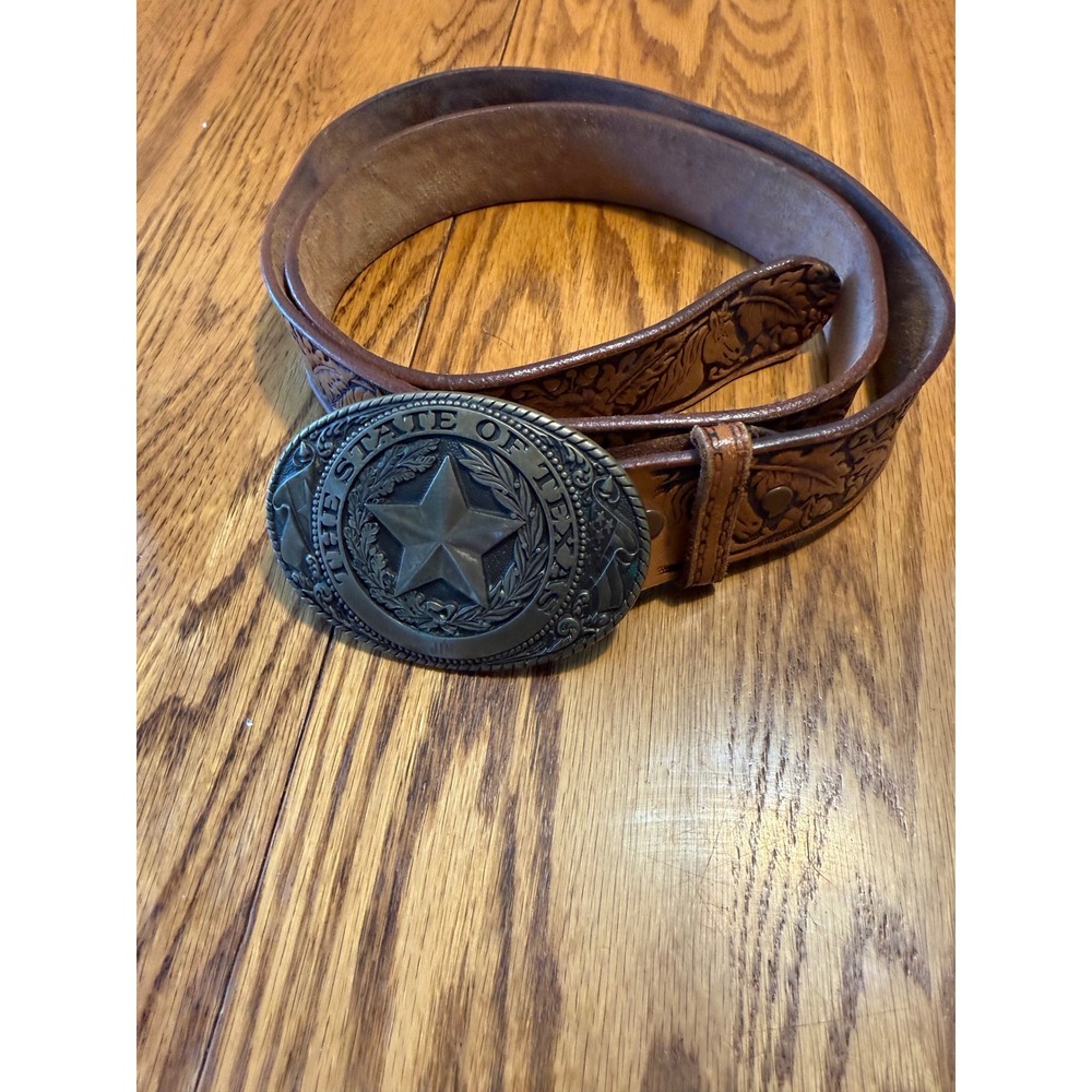 VtgTony Lama State Series Texas Solid Brass Buckle Tooled Leather Belt Mens 42